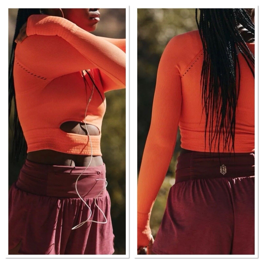 Free‎ People Movement Cut It Out Long Sleeve Crop Top Neon Orange Size XS/S - Picture 2 of 9